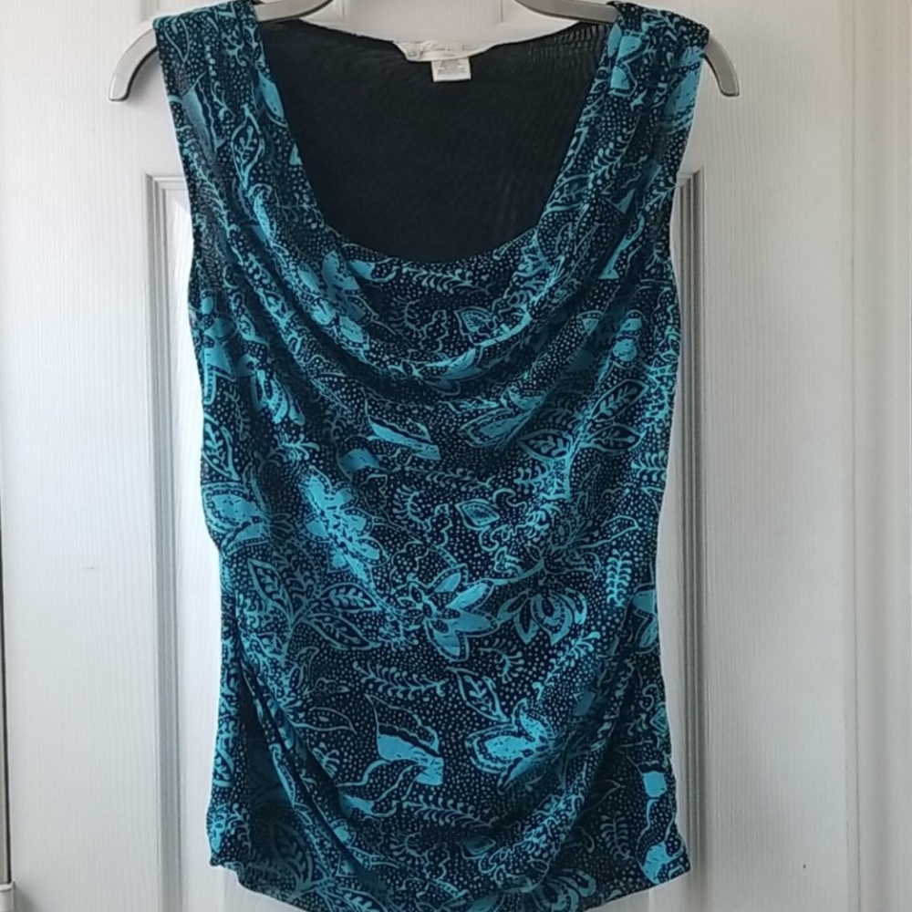 Jillian Nicole Mesh Top Blouse Blue & Black Floral Cowl Scoop Neck M Petite